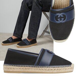 GUCCI SHOES MENS BLUE CANVAS LEATHER G LOGO ESPADRILLE FLATS LOAFERS 7.5 8 US